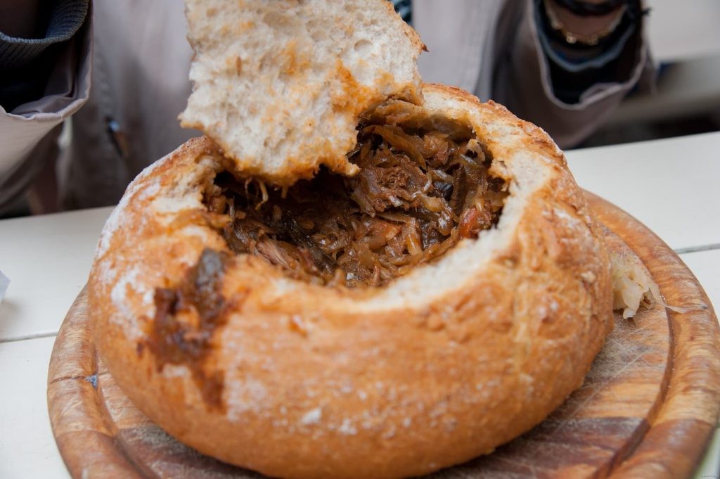 Bigos stew served in a bread bowl in Warsaw.