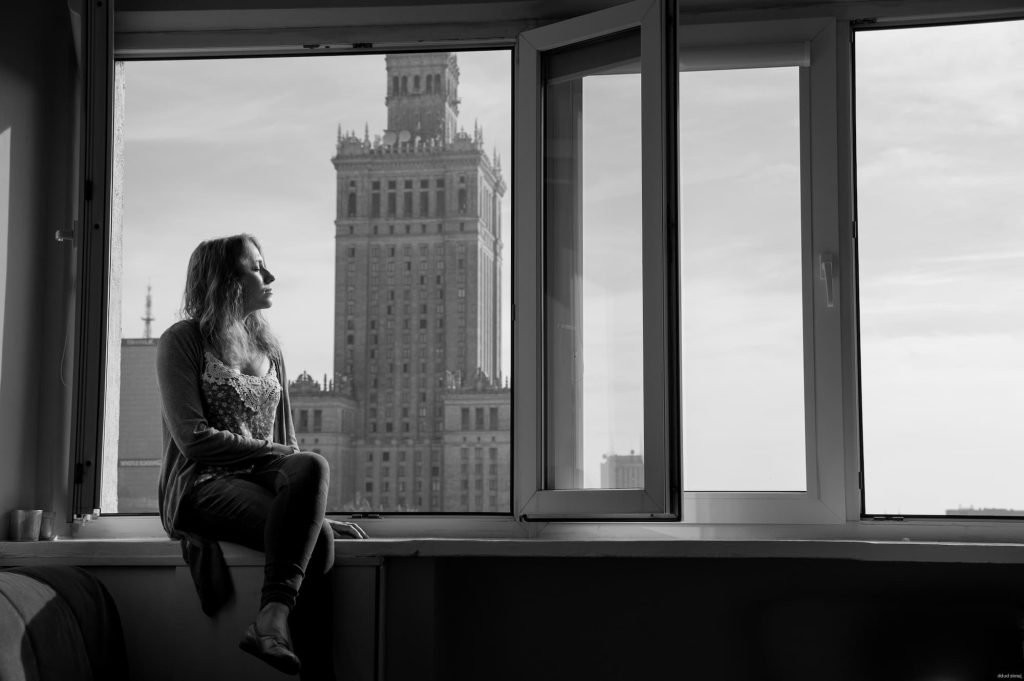 View of the Palace of Culture and Science from an apartment window in Warsaw.