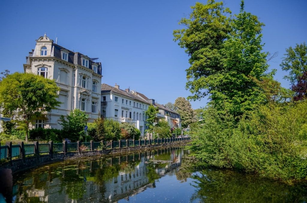 Colorful riverside houses in Bonn, Germany