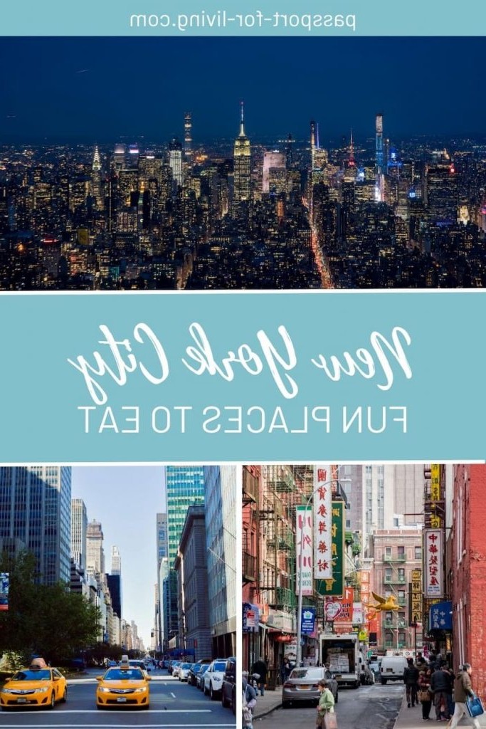 Night aerial of NYC with text overlay: New York City Fun Places to Eat.