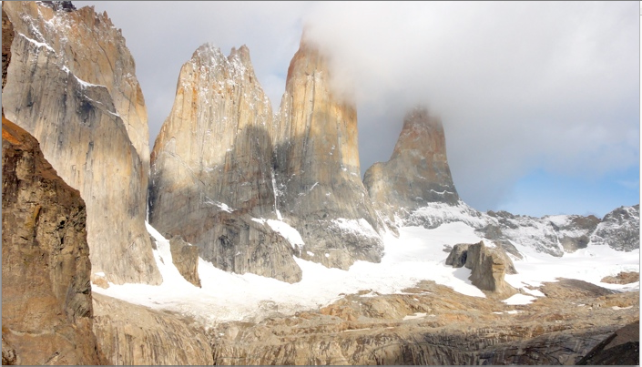 Patagonia mountain towers under dramatic sky
