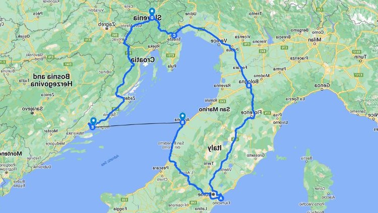 Circular route map from Rome around the Adriatic